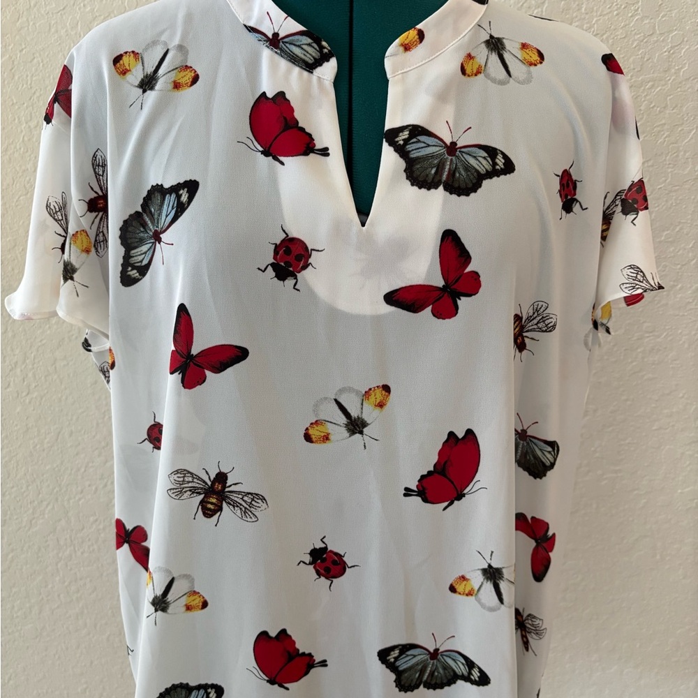 Milano White Top with Red and Black Butterfly Print